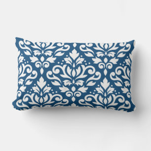 Scroll Damask Lg Ptn White on Dk Blue Lumbar Cushion