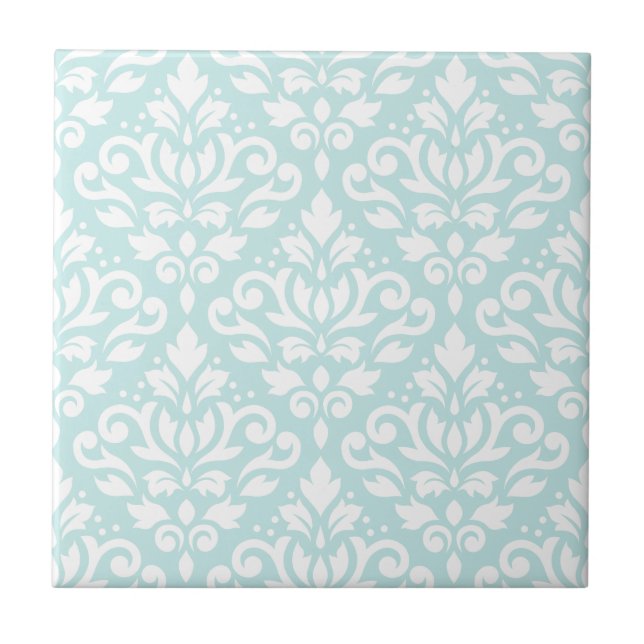 Scroll Damask Lg Ptn White on Duck Egg Blue Ceramic Tile (Front)