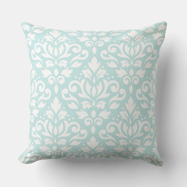 Scroll Damask Lg Ptn White on Duck Egg Blue Cushion (Front)