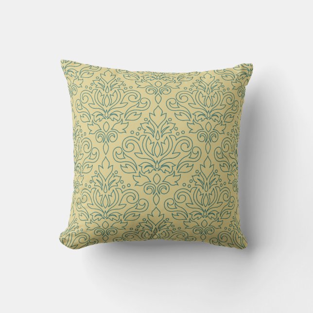 Scroll Damask Line Big Pattern Teal on Gold Cushion (Front)