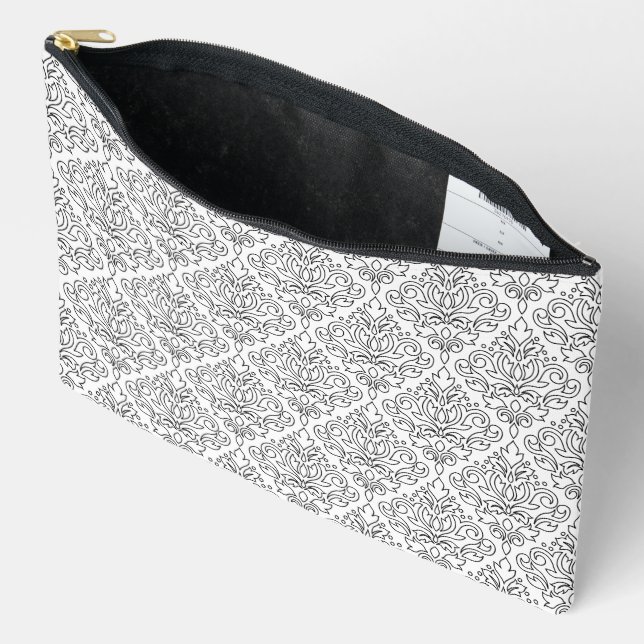 Scroll Damask Line Pattern Black on White Accessory Pouch (Open)