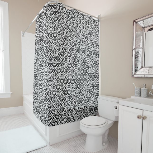 Scroll Damask Mini Pattern Black on White Shower Curtain (In Situ)
