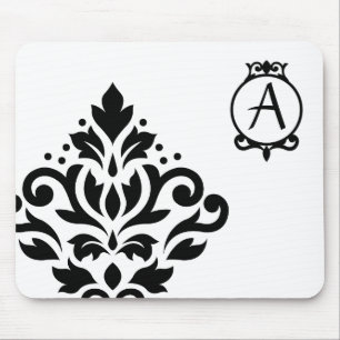 Scroll Damask Off-set I (Initial Ornate) BW Mouse Pad