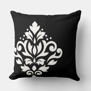 Scroll Damask Off-set I White on Black Cushion