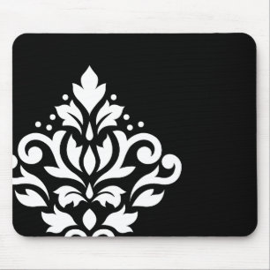 Scroll Damask Off-set I White on Black Mouse Pad
