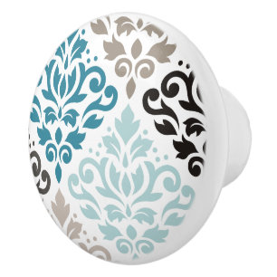 Scroll Damask Offset Ptn Art Teals Browns White Ceramic Knob