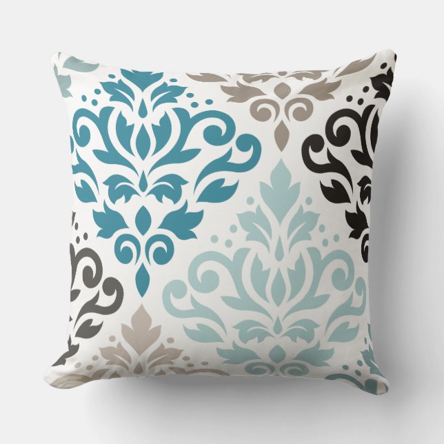 Scroll Damask Offset Ptn Art Teals Browns White Cushion (Front)