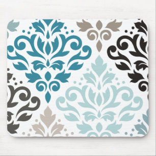Scroll Damask Offset Ptn Art Teals Browns White Mouse Pad