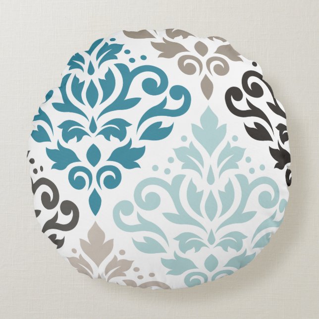Scroll Damask Offset Ptn Art Teals Browns White Round Cushion (Front)