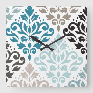 Scroll Damask Offset Ptn Art Teals Browns White Square Wall Clock