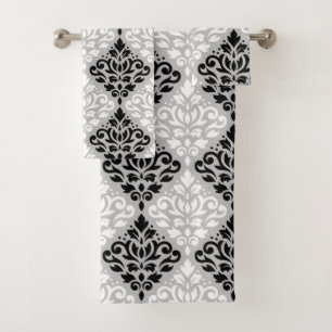 Scroll Damask Pattern B&W on Grey Bath Towel Set