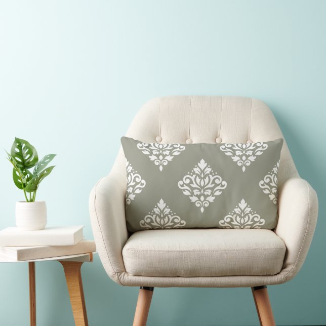 Scroll Damask Pattern (B) White on Green Lumbar Cushion (Chair)