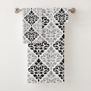 Scroll Damask Pattern Black Grey White Bath Towel Set