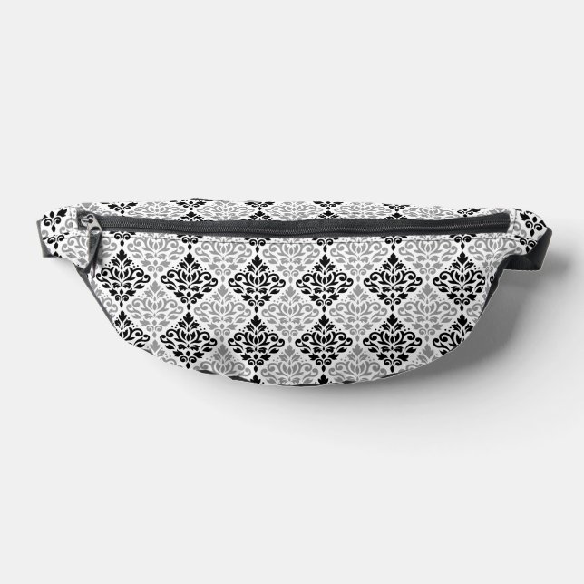Scroll Damask Pattern Black Grey White Bum Bags (Lay Down)