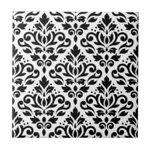 Scroll Damask Pattern Black on White Ceramic Tile