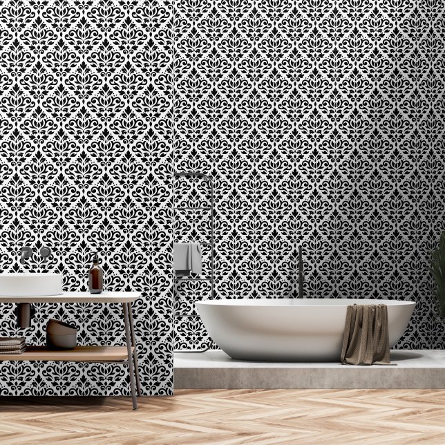 Scroll Damask Pattern Black on White Wallpaper (Bathroom)