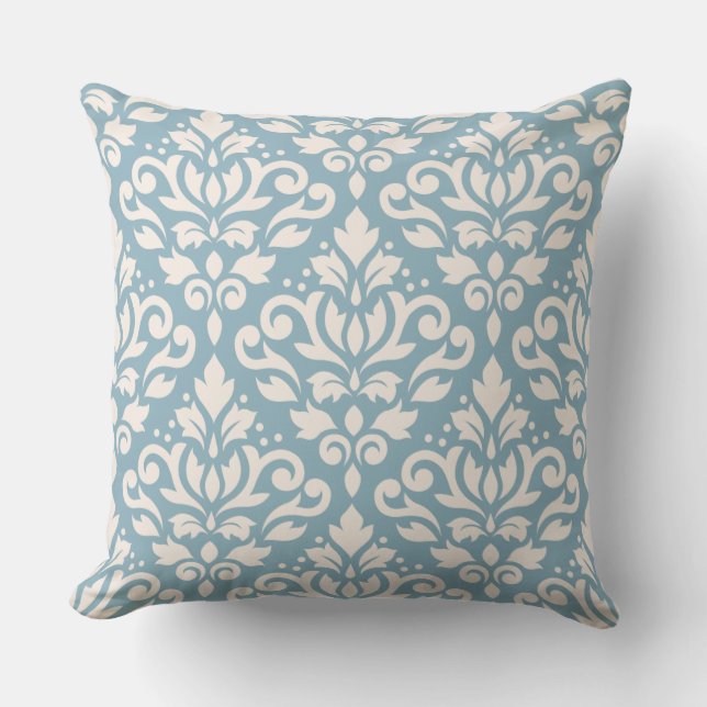 Scroll Damask Pattern Cream on Blue Cushion (Front)