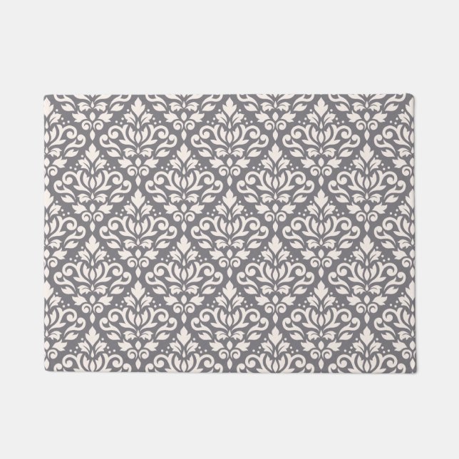 Scroll Damask Pattern Cream on Grey Doormat (Front)