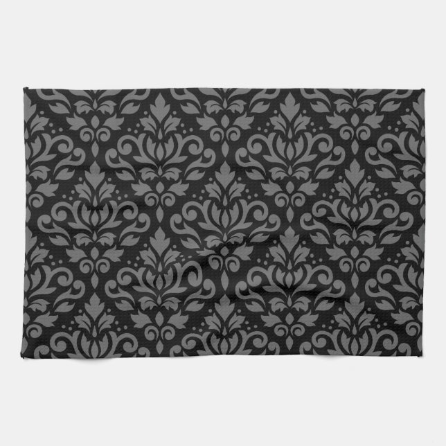 Scroll Damask Pattern Gray on Black Tea Towel (Horizontal)