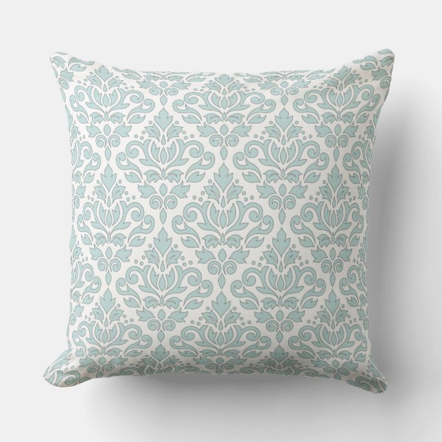 Scroll Damask Pattern Grey Line Duck Egg Blue Wt Cushion (Front)