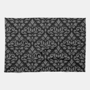 Scroll Damask Pattern Grey on Black Tea Towel