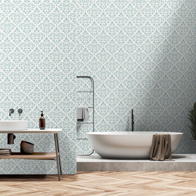 Scroll Damask Pattern Light Teal on Cream Wallpaper (Bathroom)