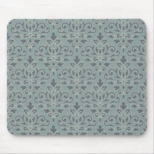 Scroll Damask Pattern (outline) Cream Blue Teal Mouse Pad