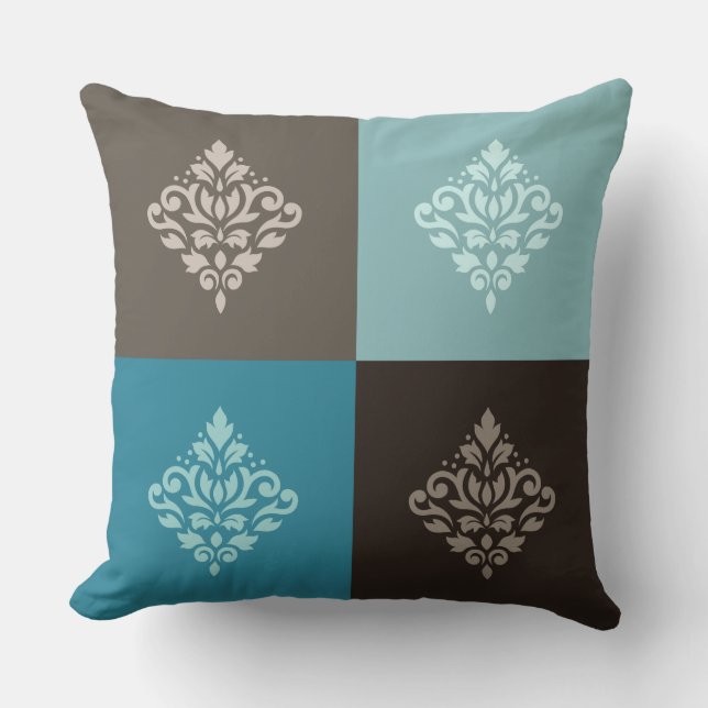 Scroll Damask Pattern Squares Teals Browns White Cushion (Front)
