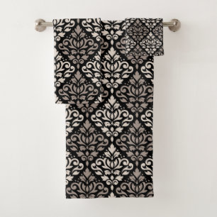 Scroll Damask Pattern Taupe Cream Black Bath Towel Set