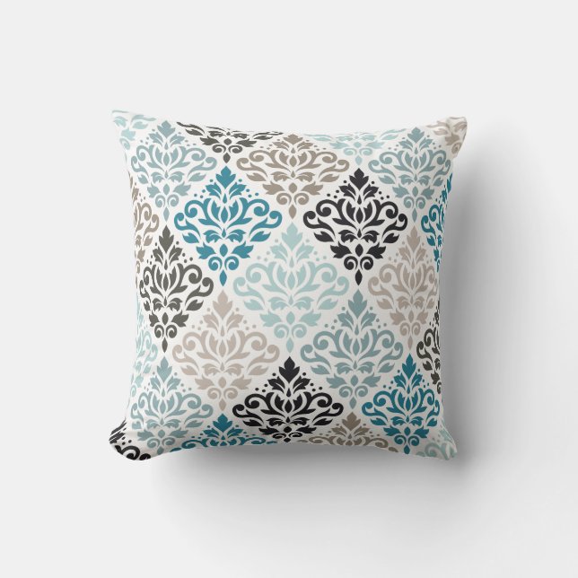 Scroll Damask Pattern Teals Browns White Cushion (Front)