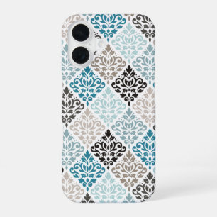 Scroll Damask Pattern Teals Browns White iPhone 16 Case