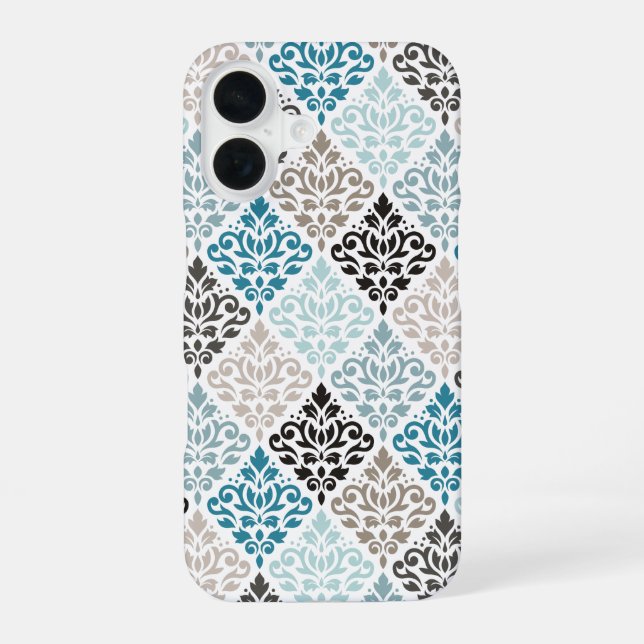 Scroll Damask Pattern Teals Browns White iPhone 16 Case (Back)