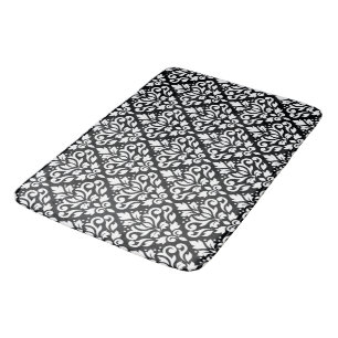 Scroll Damask Pattern White on Black Bath Mat