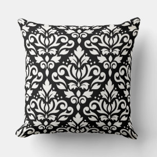 Scroll Damask Pattern White on Black Cushion