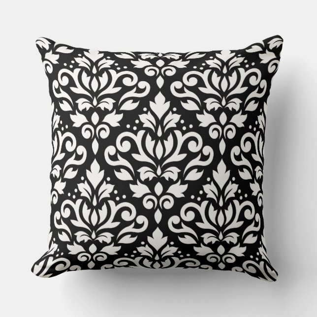 Scroll Damask Pattern White on Black Cushion (Front)