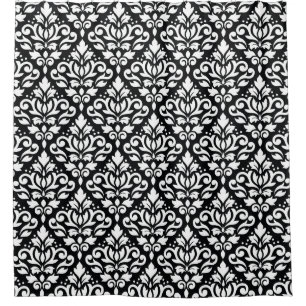 Scroll Damask Pattern White on Black Shower Curtain