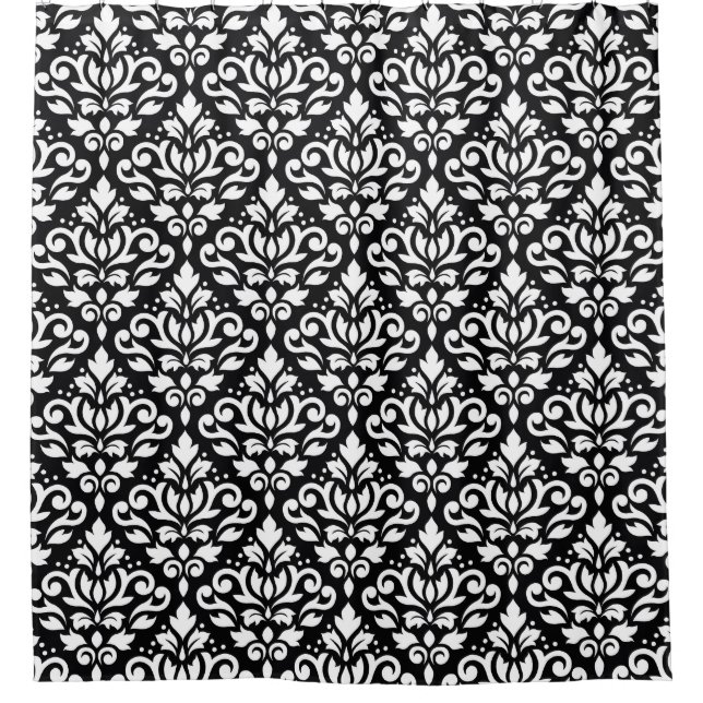 Scroll Damask Pattern White on Black Shower Curtain (Front)