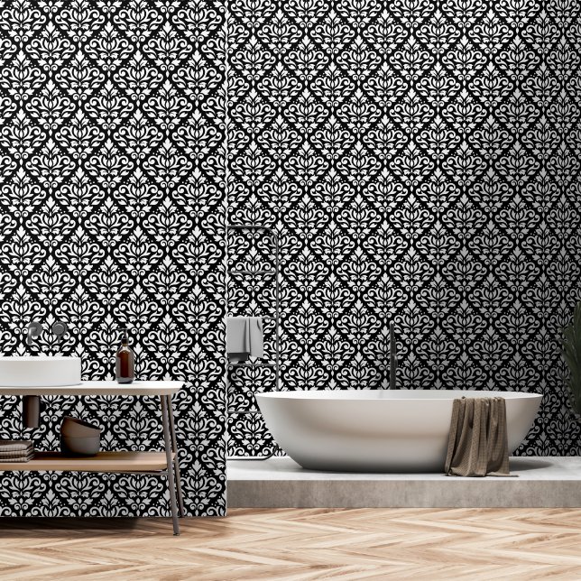 Scroll Damask Pattern White on Black Wallpaper (Bathroom)