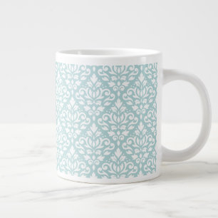 Scroll Damask Pattern White on Duck Egg Blue (B) Large Coffee Mug