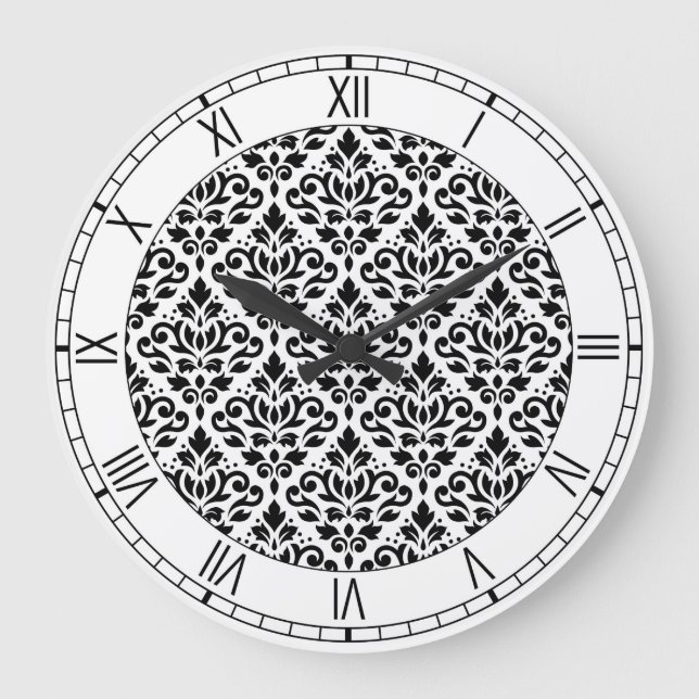 Scroll Damask Ptn BW & Numerals Large Clock (Front)