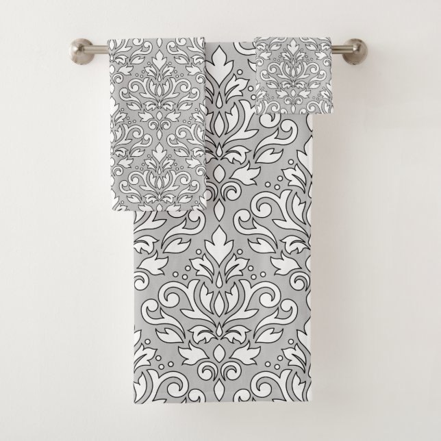 Scroll Damask Ptn Mix White (Black line) Grey Bath Towel Set (Insitu)