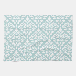 Scroll Damask Ptn White on Duck Egg Blue (B) Tea Towel