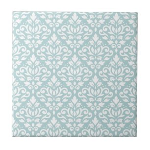 Scroll Damask Ptn White on Duck Egg Blue (B) Tile
