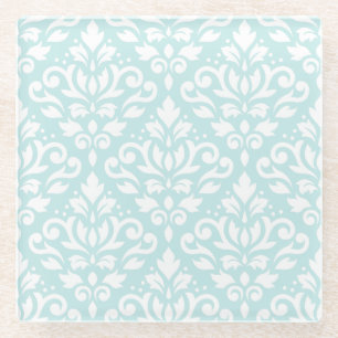 Scroll Damask Ptn White on Duck Egg Blue Glass Coaster