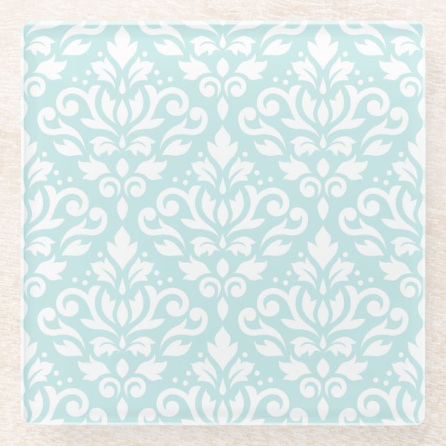 Scroll Damask Ptn White on Duck Egg Blue Glass Coaster (Front)
