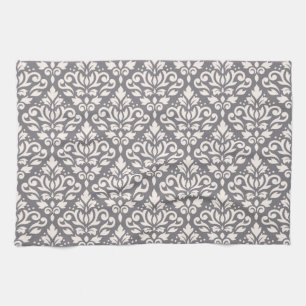 Scroll Damask Repeat Pattern Cream on Grey Tea Towel