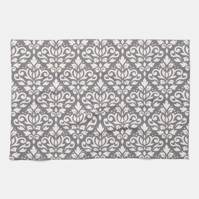 Scroll Damask Repeat Pattern Cream on Grey Tea Towel (Horizontal)