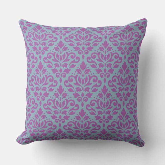 Scroll Damask Repeat Pattern Plum on Blue Cushion (Front)