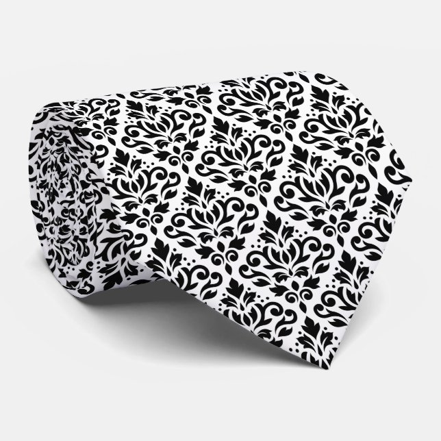 Scroll Damask Rpt Pattern Black on White Tie (Rolled)