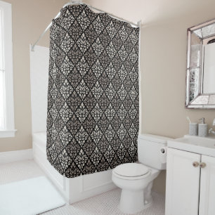 Scroll Damask Rpt Pattern Taupe Cream Black Shower Curtain